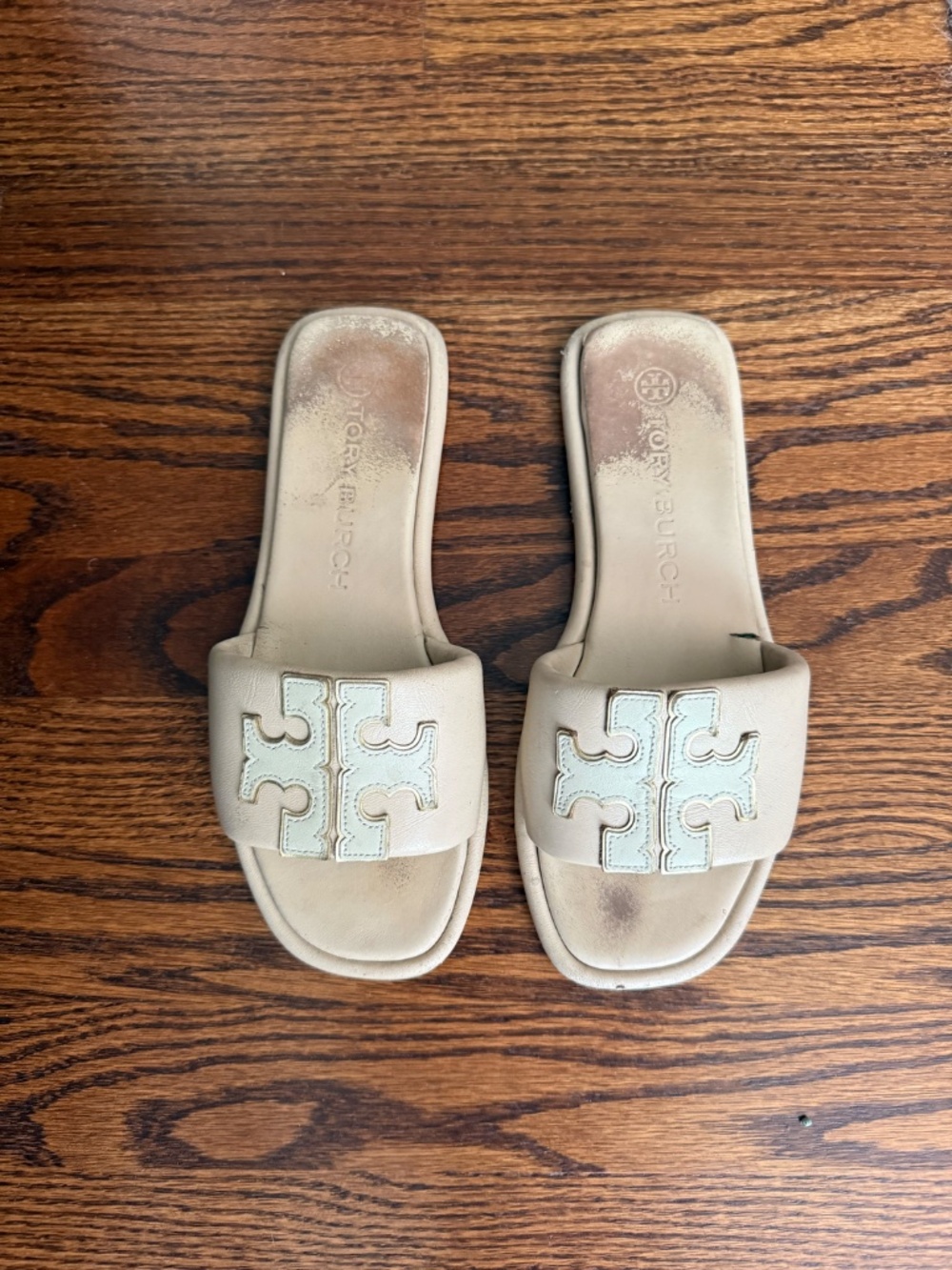 Tory Burch Double-T Monogrammed Padded Leather Slide Sandals